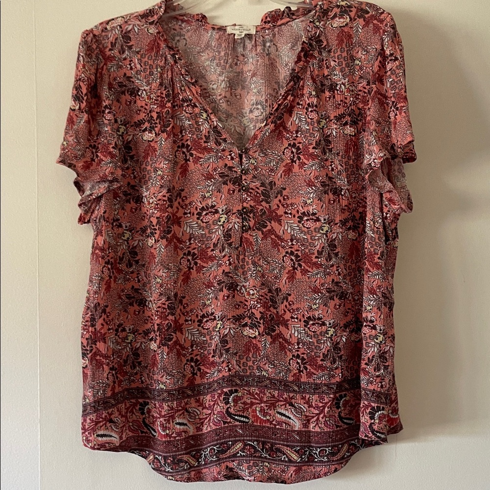 Elegant Floral V-Neck Blouse - Red